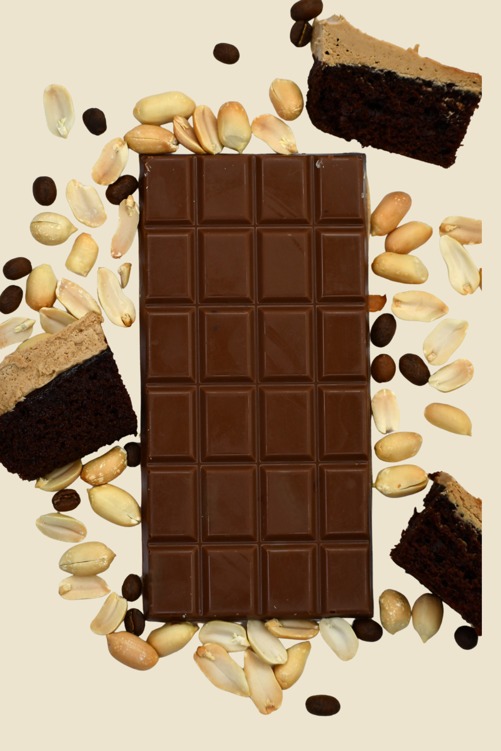 Chocolate bar with cookies and nuts on a beige background
