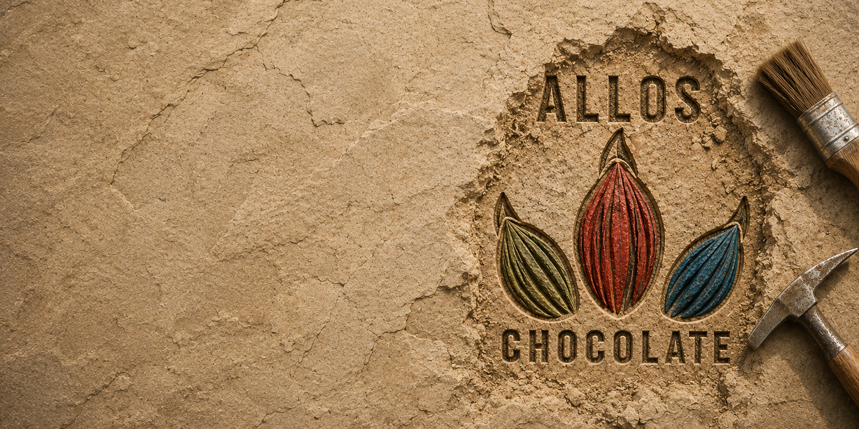 Allos Chocolate logo, 3 cooa beans arranged to look like a footprint, in rock. 
