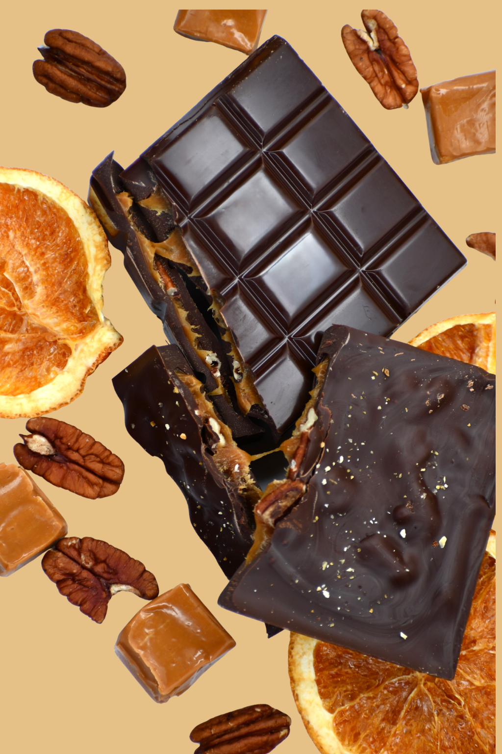 Dark chocolate bars with caramel and nuts on a beige background